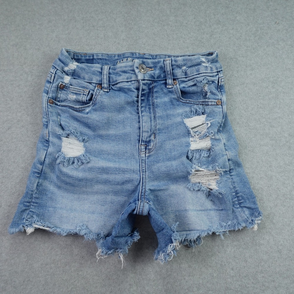 American Eagle Shorts Womens 4 Blue Curvy Hi-Rise Shortie Distressed Denim